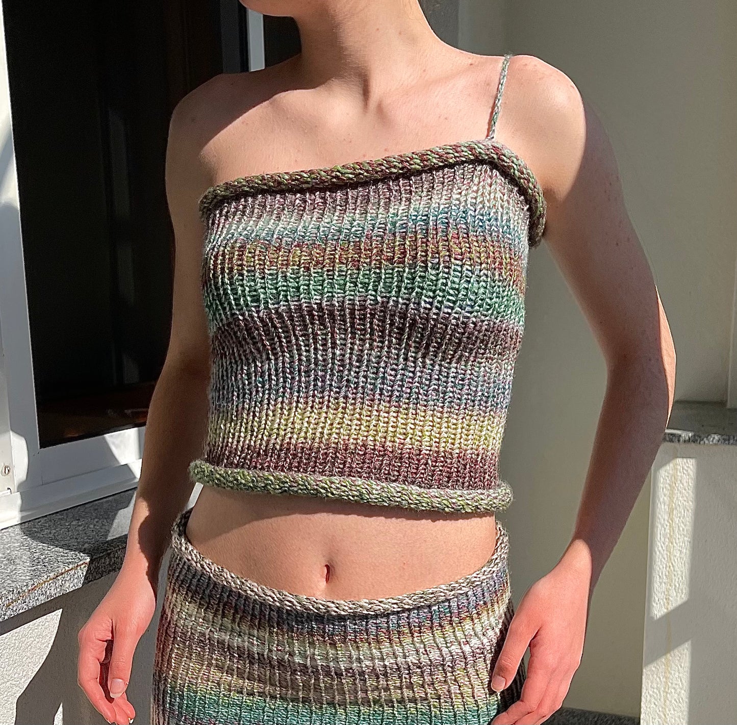 Handmade knitted asymmetrical top in dusky shades