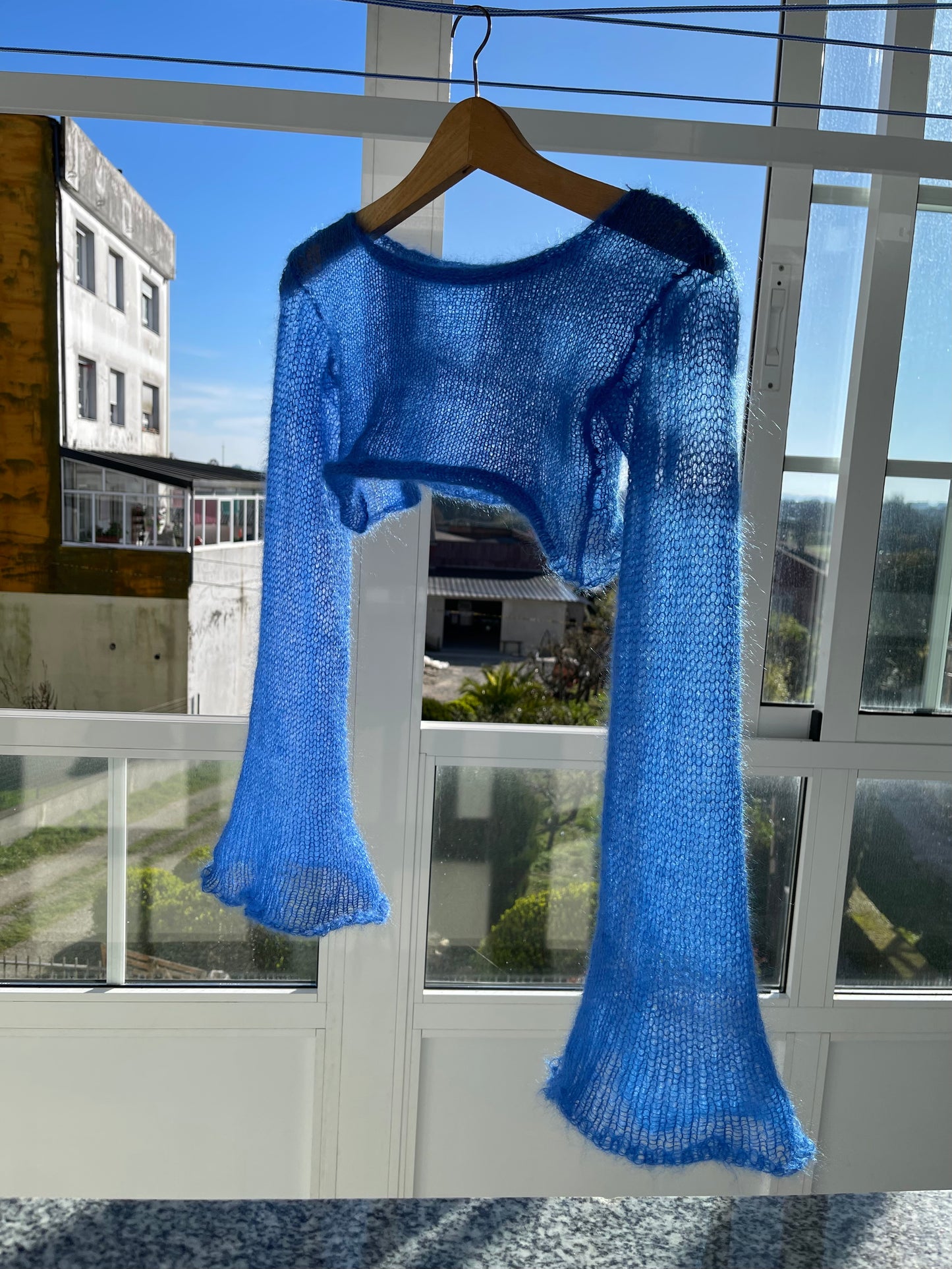 Handmade knitted cobalt blue mohair cropped jumper