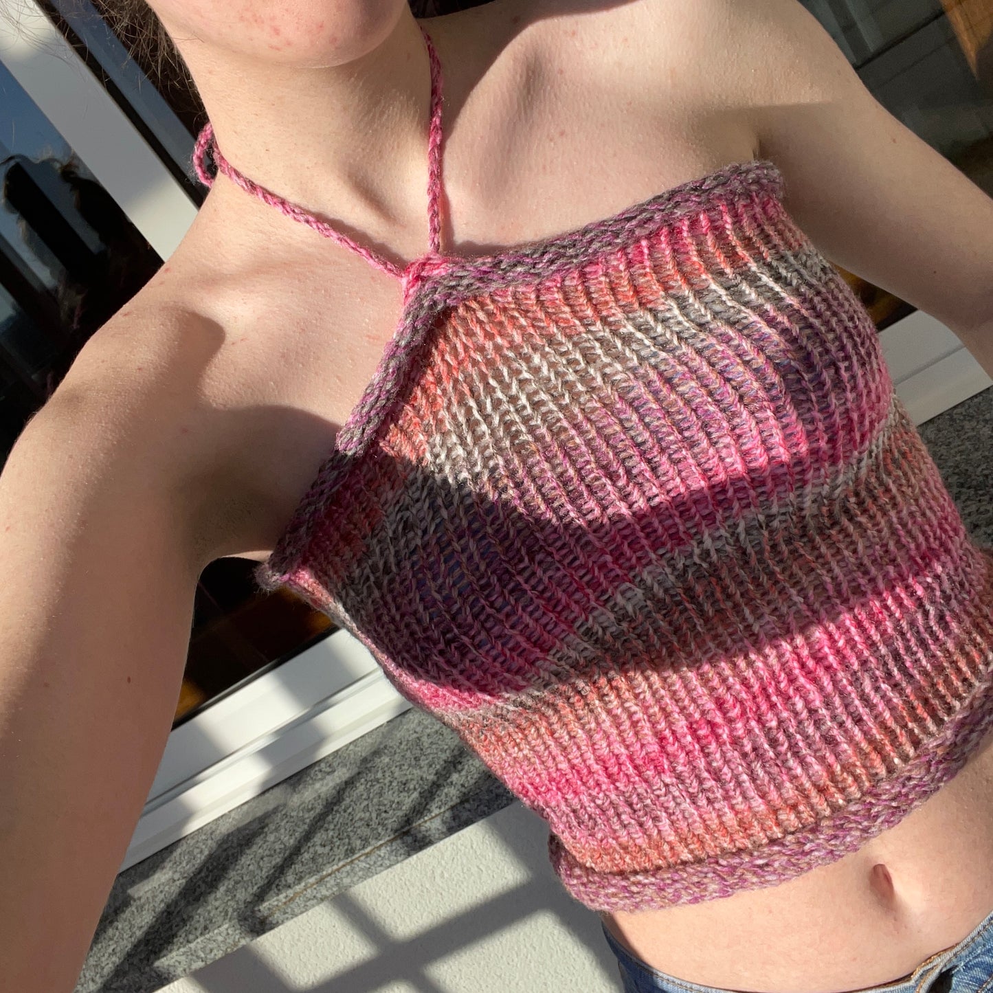 Handmade knitted halter top in pink, purple, coral and grey