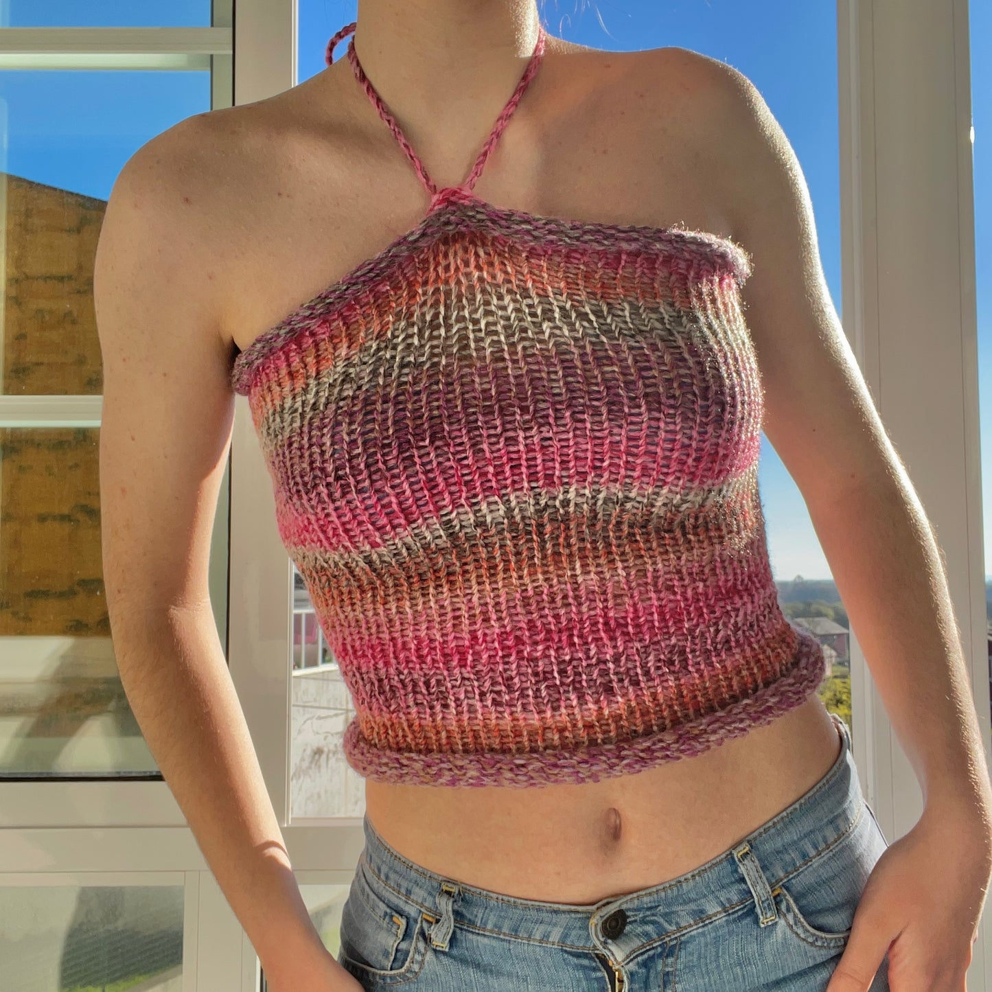 Handmade knitted halter top in pink, purple, coral and grey