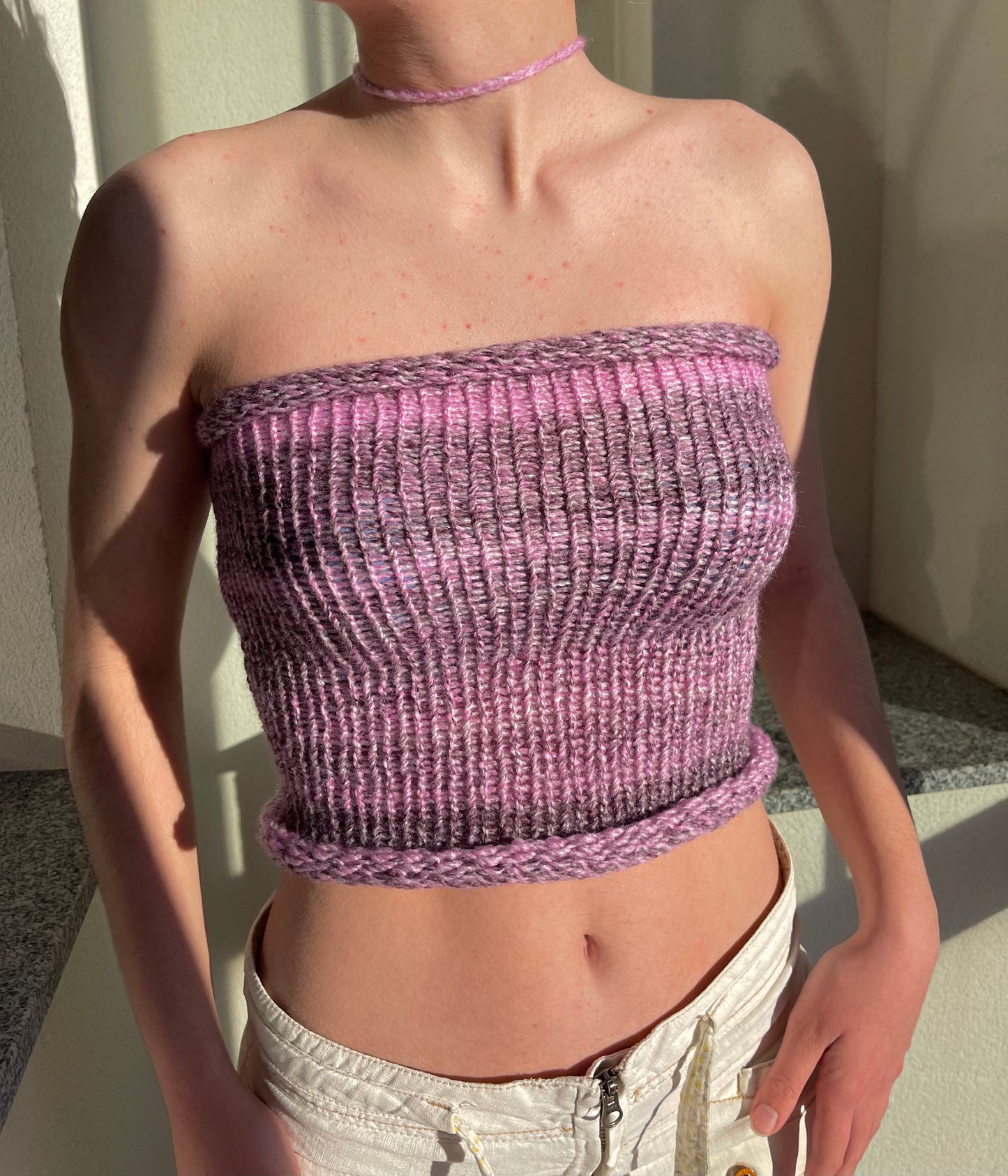 Handmade knitted bandeau top in purple shades