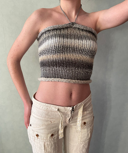 Handmade knitted halter top in grey, beige and cream
