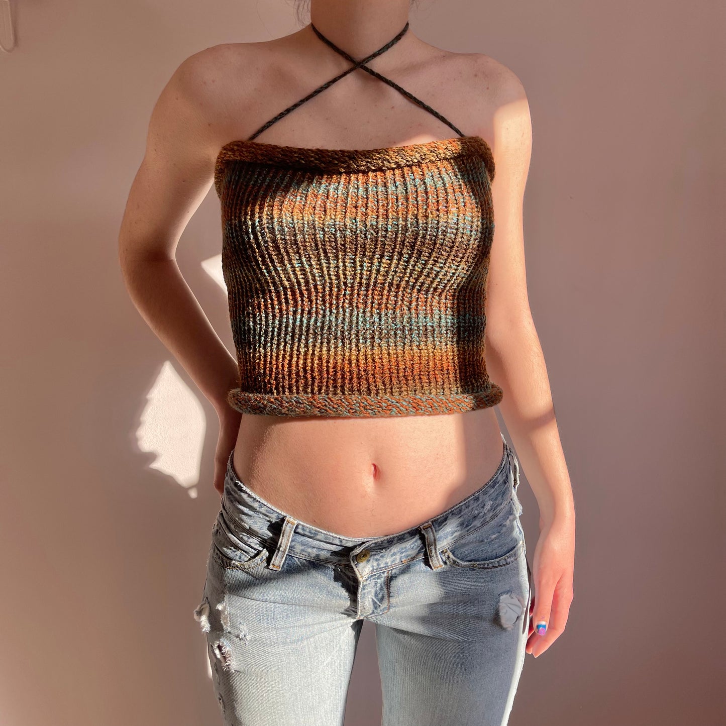 Handmade knitted halter top in brown and blue shades
