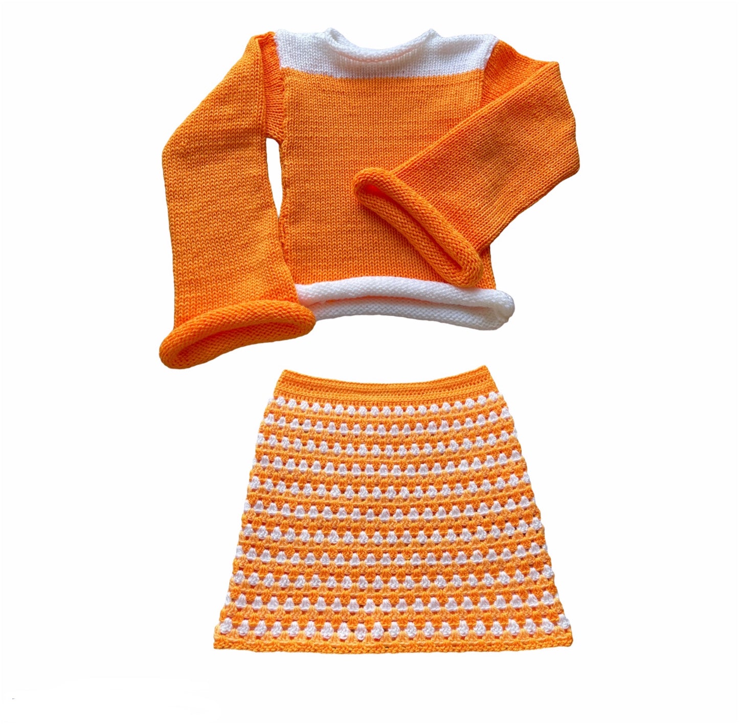 Handmade knitted colour block jumper in orange and white