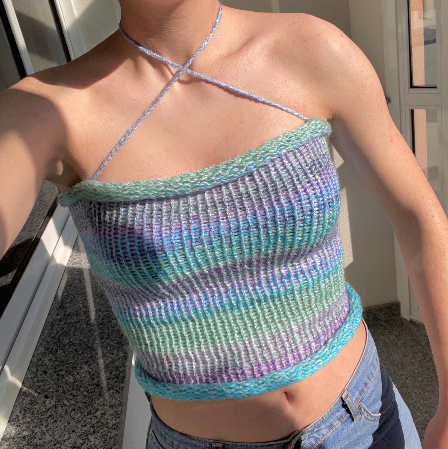 Handmade knitted halter top in baby blue, mint green and lilac