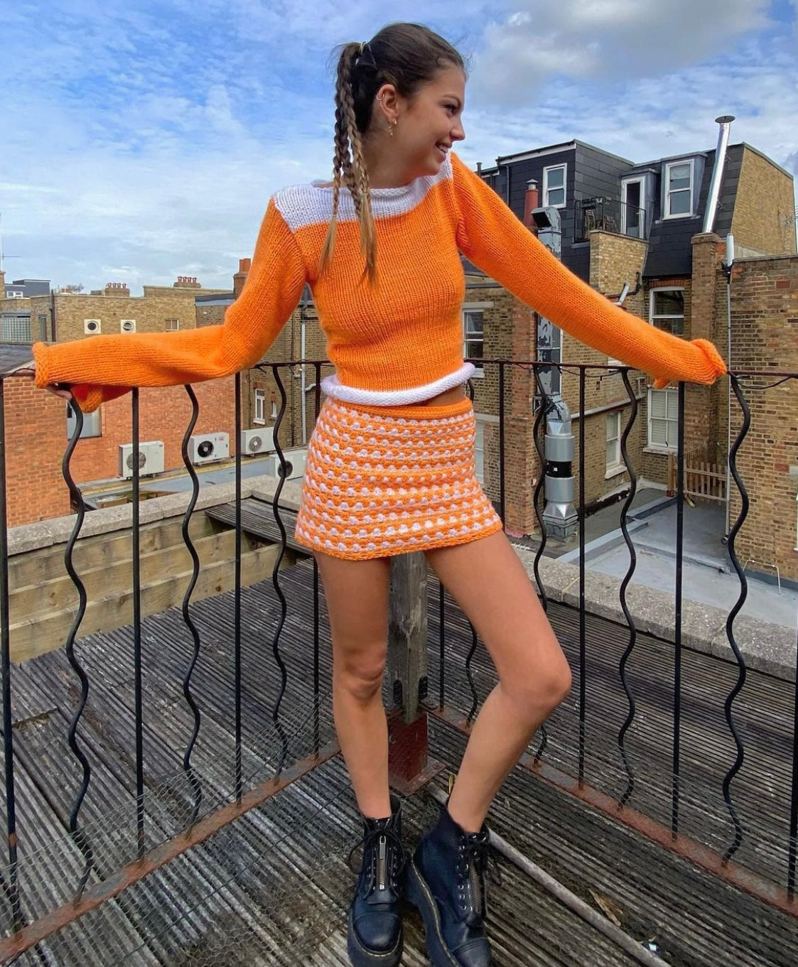 Handmade retro crochet mini skirt in orange and white