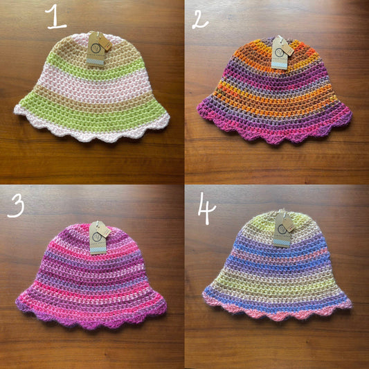 Handmade scallop edge crochet bucket hat - various colourways