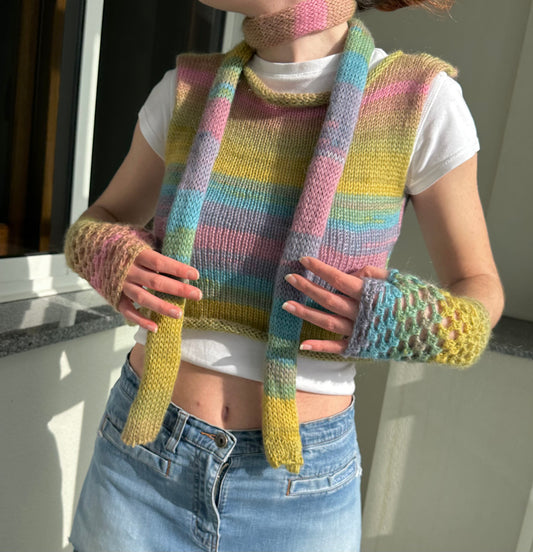 Handmade knitted ombré skinny scarf in dusky rainbow