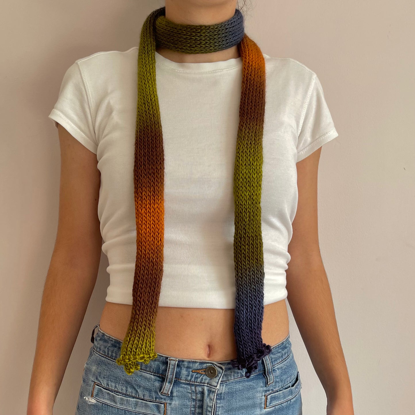 Handmade knitted ombré skinny scarf - Aspen colourway