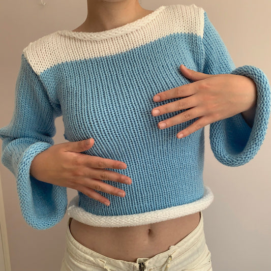 Handmade knitted colour block jumper in baby blue and white