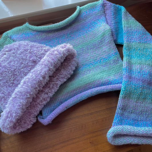 Handmade knitted ombré cropped jumper in baby blue, lilac and mint green