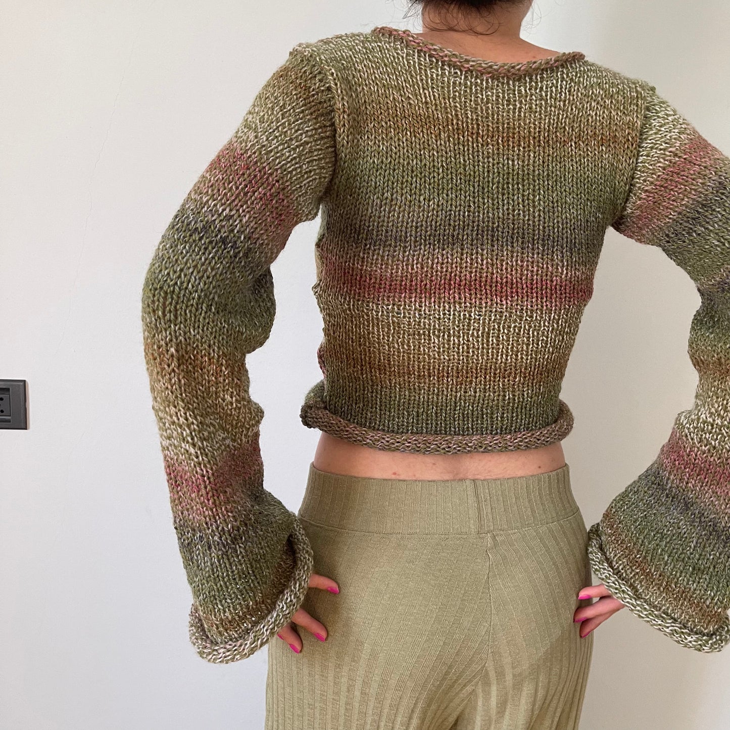 Handmade green, dusky pink and brown knitted ombré jumper