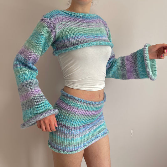 SET: Handmade baby blue, lilac and mint green knitted cropped jumper and mini skirt